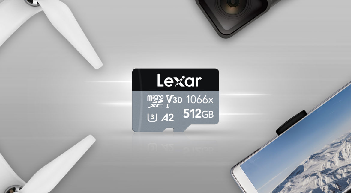 Lexar 1066x micro SD memory card sitting beside drone, phone, laptop