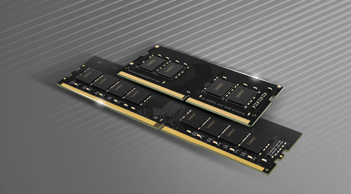 black and yellow Lexar DDR4 desktop memory product sitting on grey background