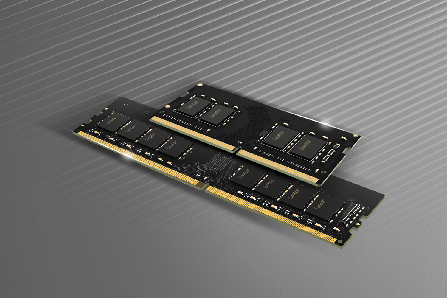 black and yellow Lexar DDR4 desktop memory product sitting on grey background