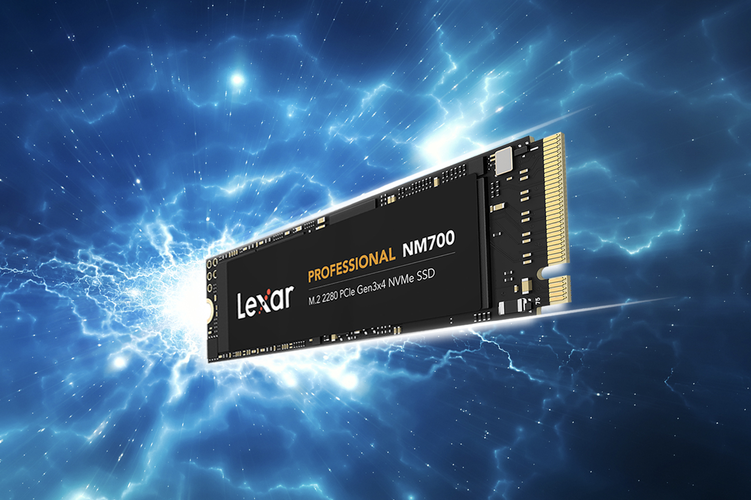 lexar profesisonal NM700 M.2 2280 NVMe SSD device on bright blue, white lightning background