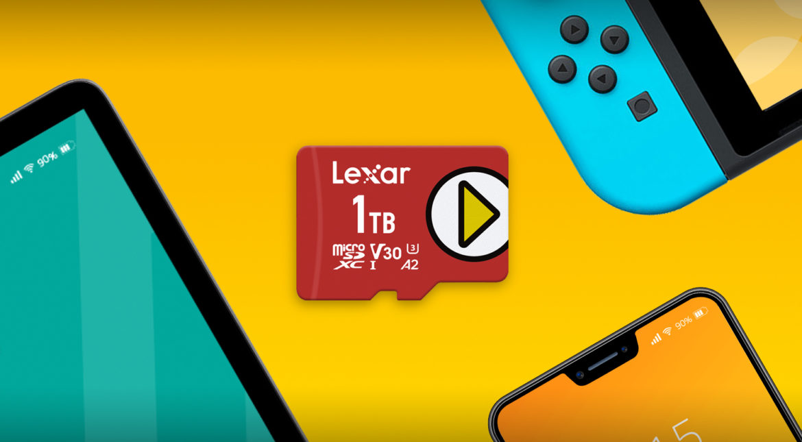 red lexar 1 TB play micro SDXC memory card surrounded by smartphone, tablet, video gaming device