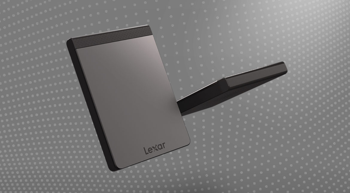 two Lexar SL200 512GB Portable SSD devices against grey polka dot background