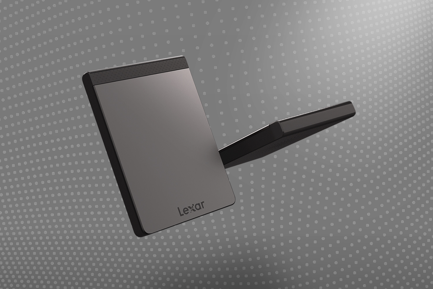 two Lexar SL200 512GB Portable SSD devices against grey polka dot background