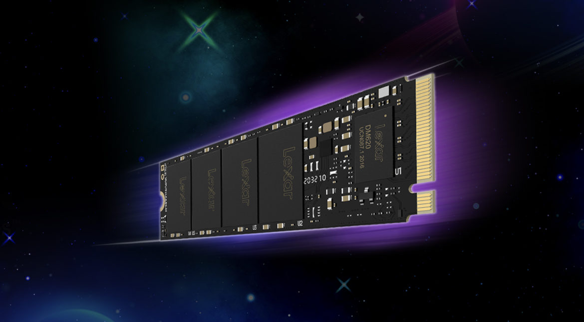black and yellow Lexar NM620 SSD device with imaginary galaxy background of green, purple stars